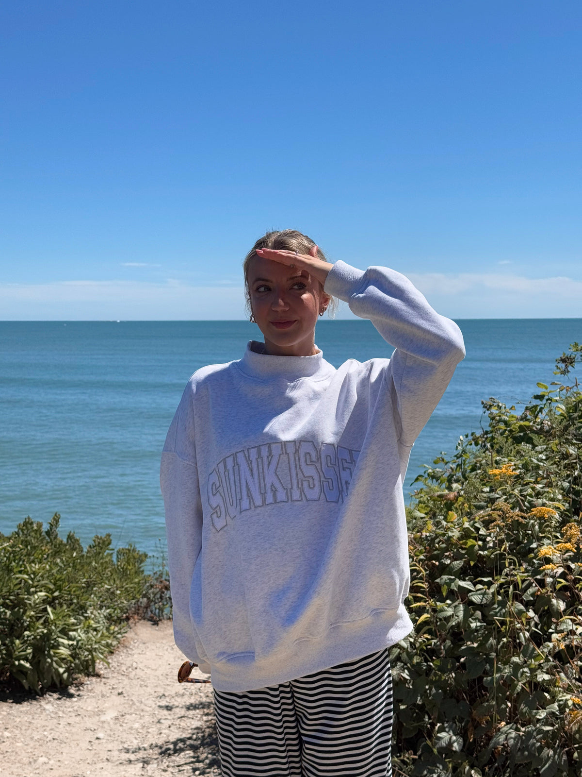 Pearl Grey Mockneck Sunkissed Varsity Embroider Sweatshirt