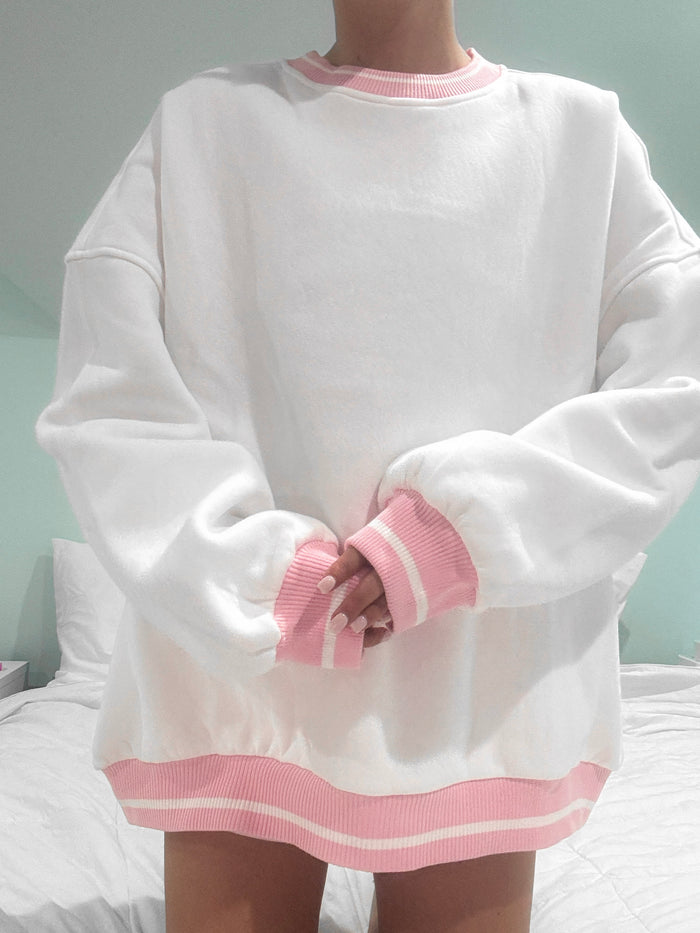 Blank White And Pink Preppy Crew Sweatshirt