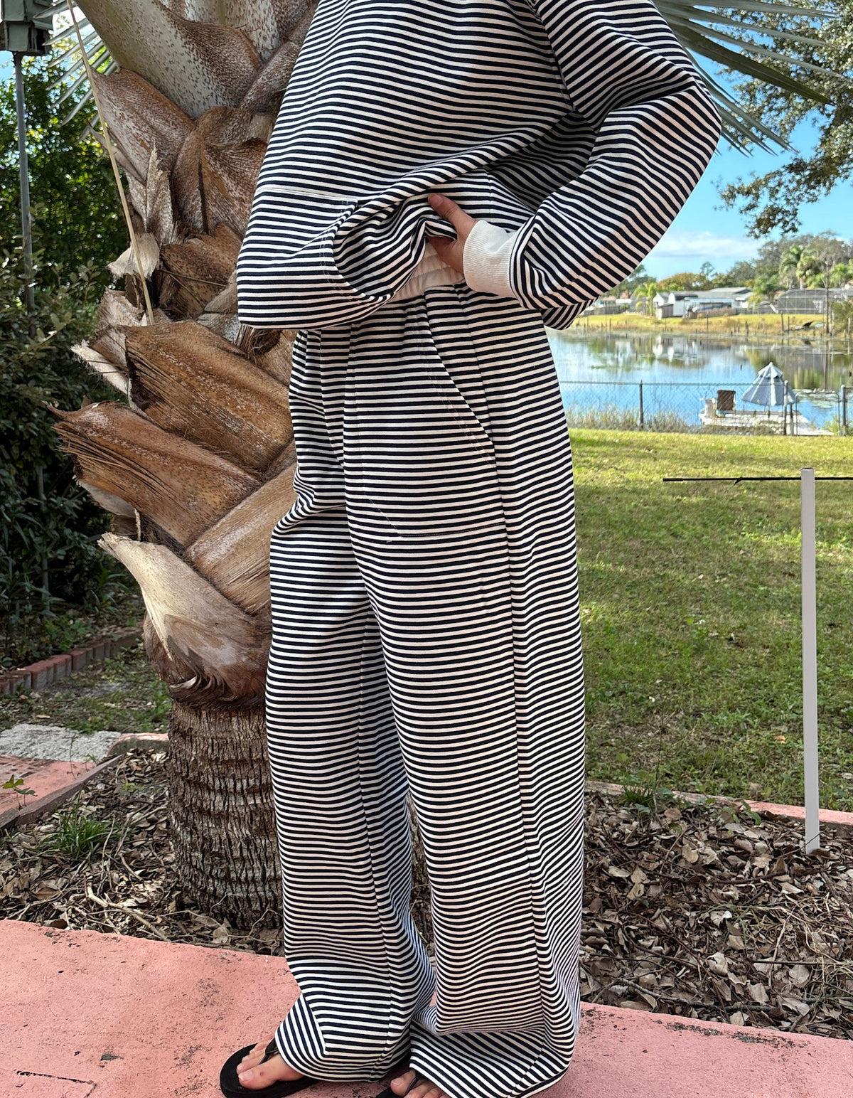 Dark Navy Blue and White Big Striped Sweatpants