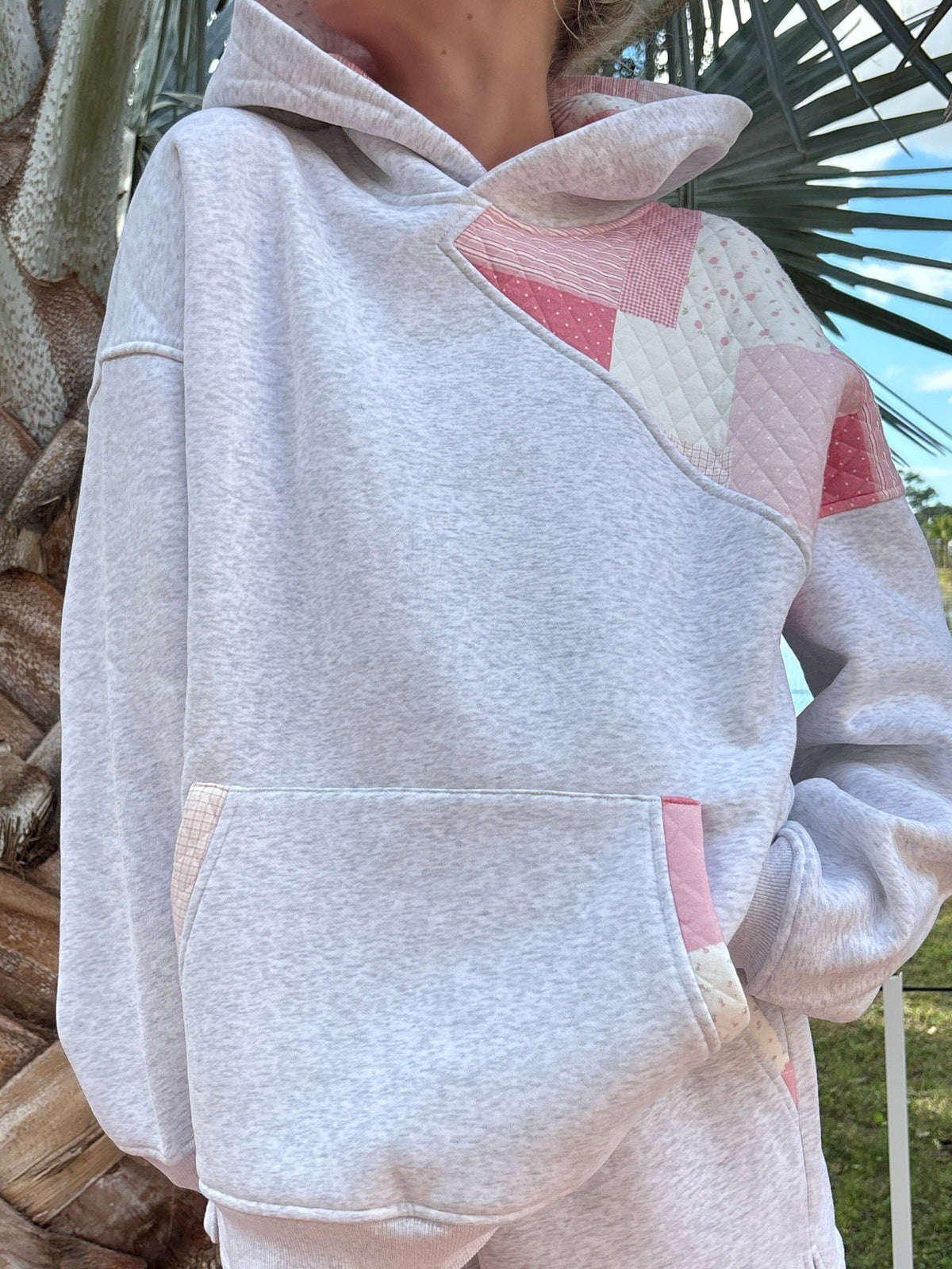 Pearl Grey Margo Quilted Patchwork Hoodie