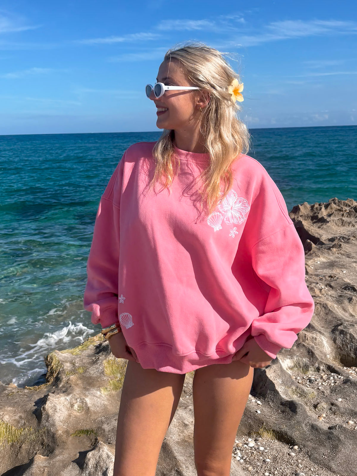 Hibiscus Pink Tropical Embroider Sweatshirt