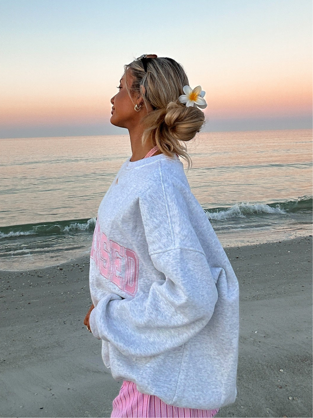 Pearl Grey with Pink Thread Sunkissed Varsity Embroider Sweatshirt