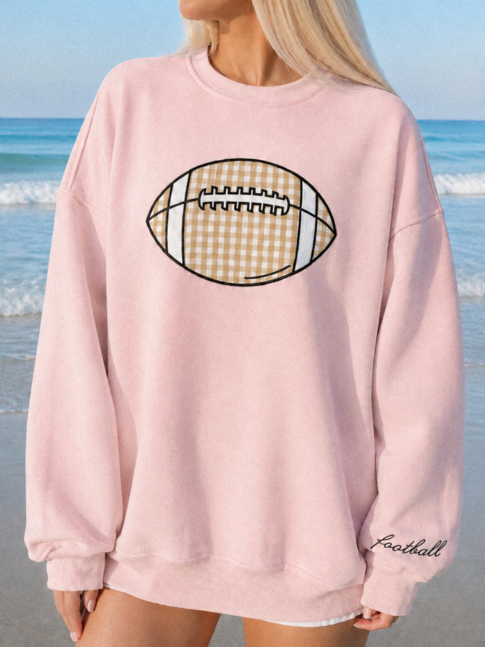 Light Pink Game Day Gingham Football Embroider Sweatshirt