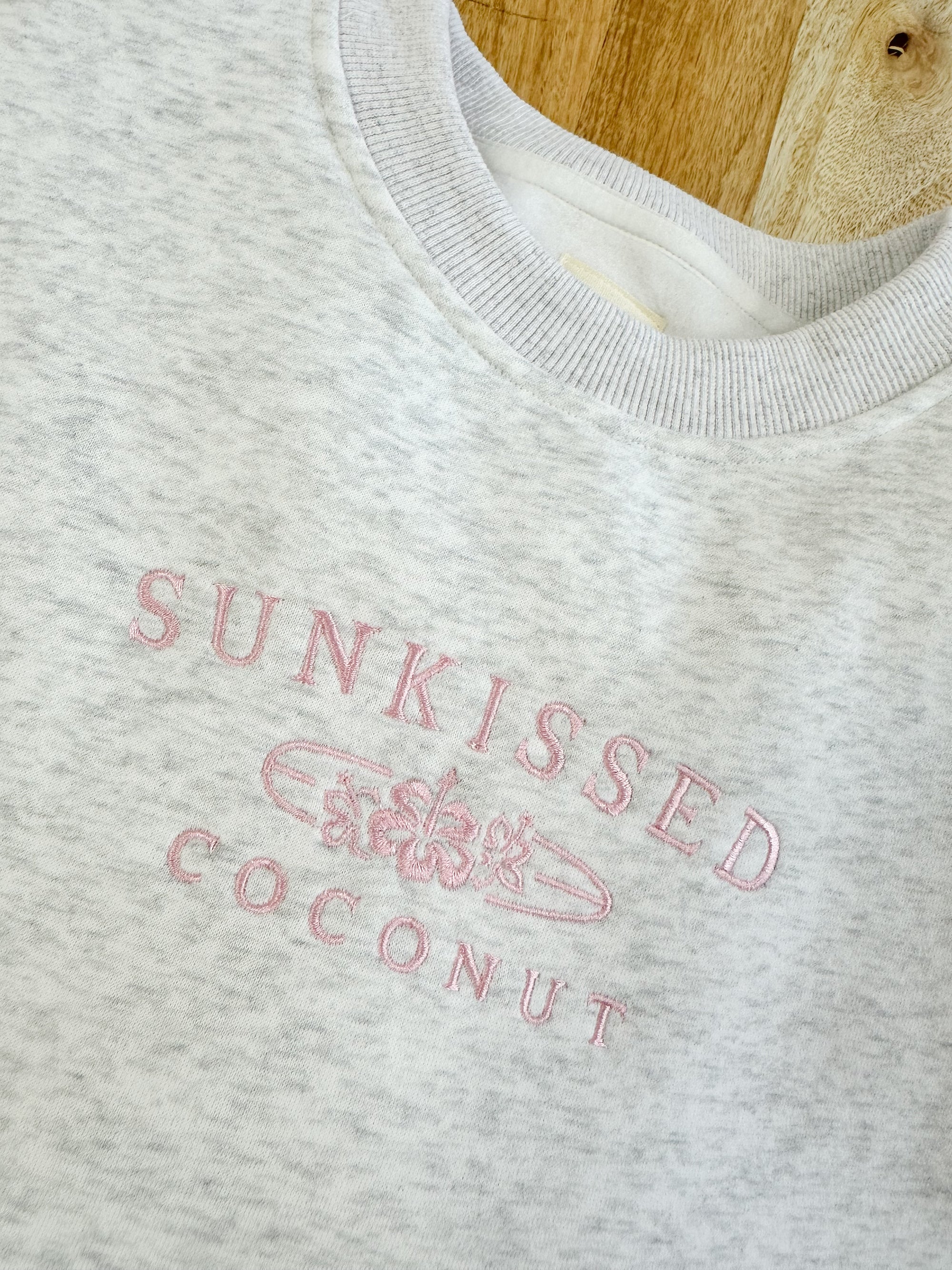 Pearl Grey and Pink Thread Sunkissedcoconut Logo Embroider Sweatshirt