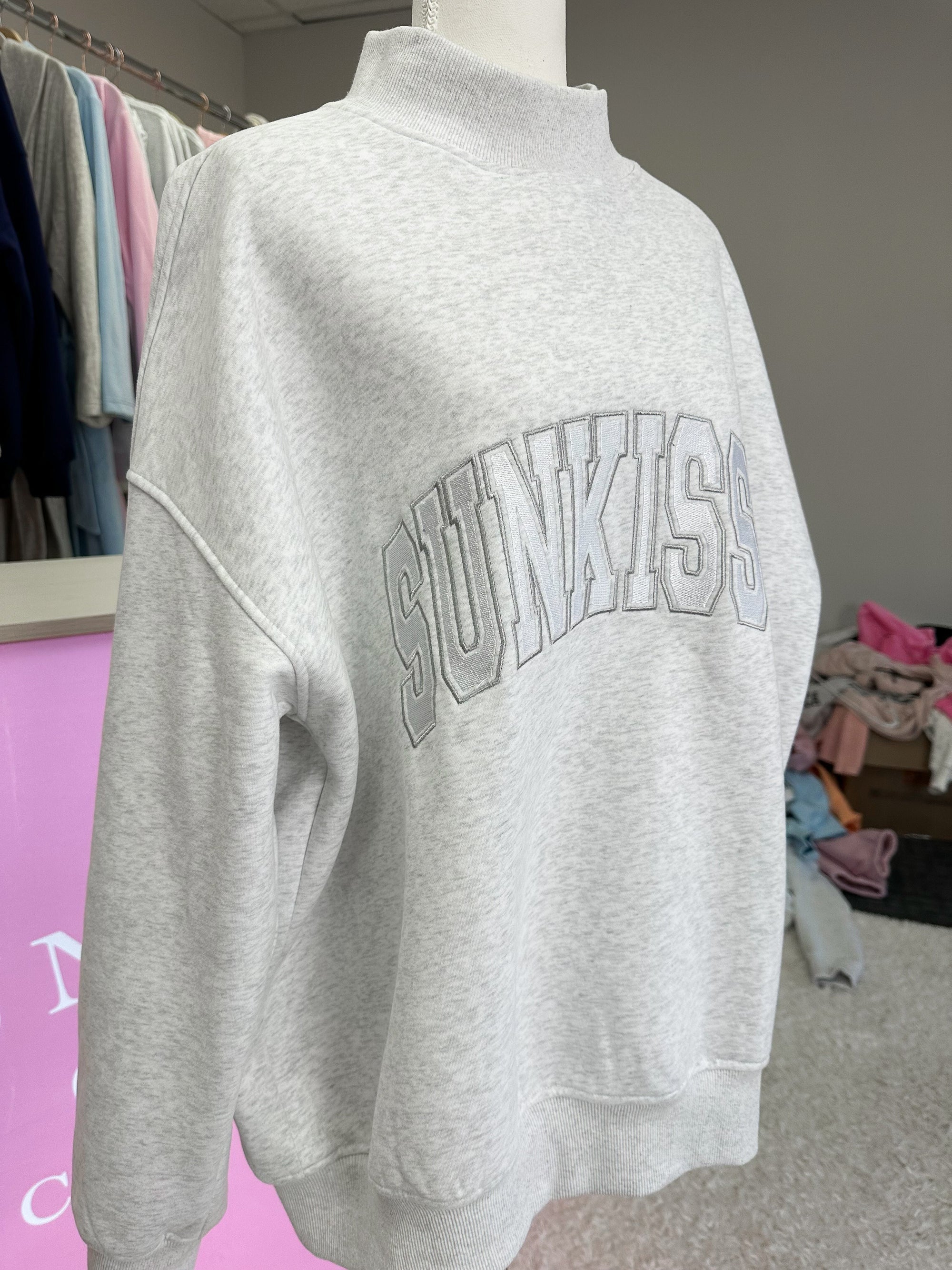 Pearl Grey Mockneck Sunkissed Varsity Embroider Sweatshirt