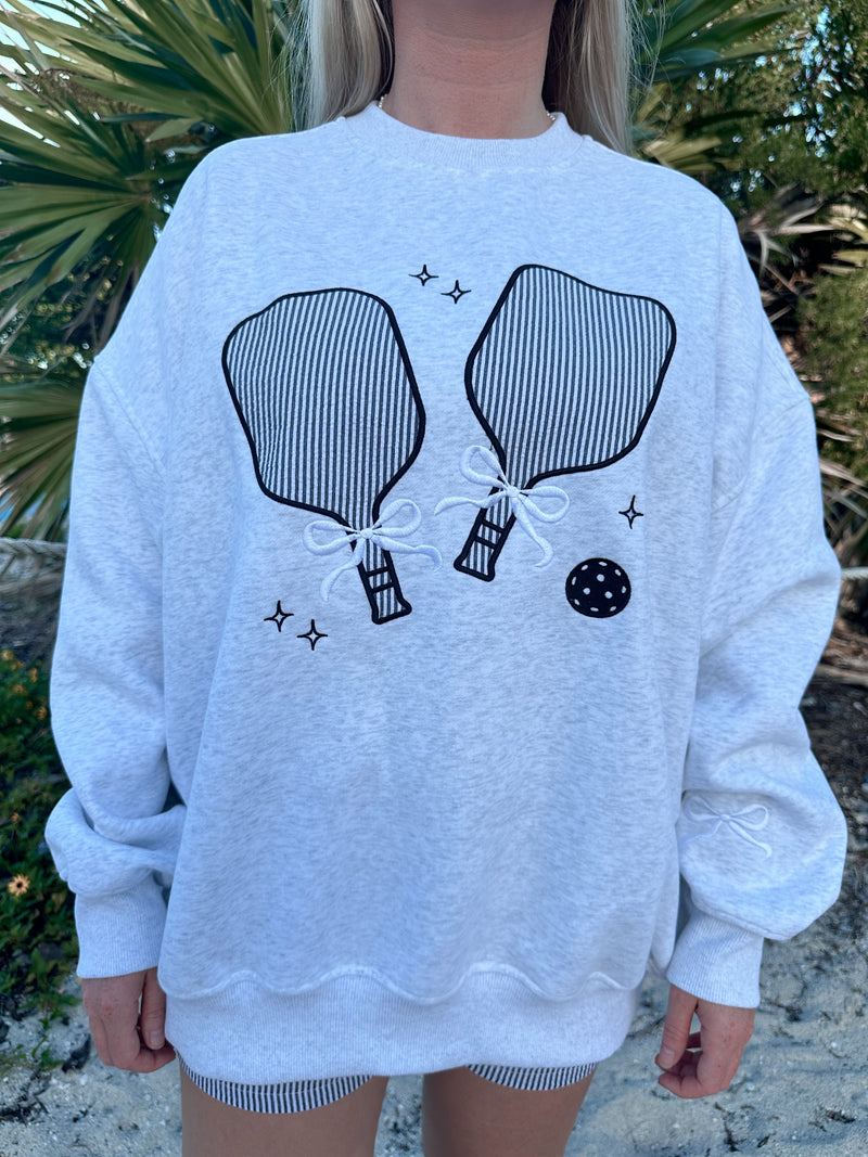 Pearl Grey Pickleball Detailed Embroider Sweatshirt