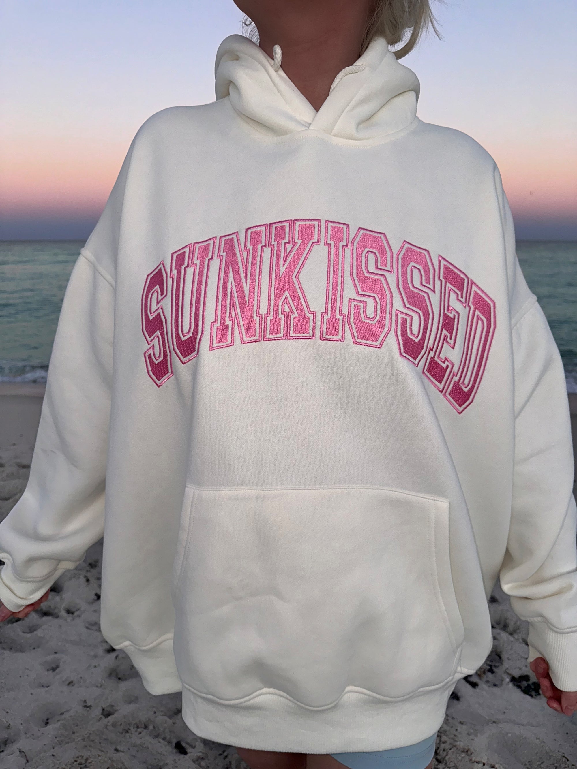 Ivory and Hibiscus Pink Varsity Embroider Hoodie