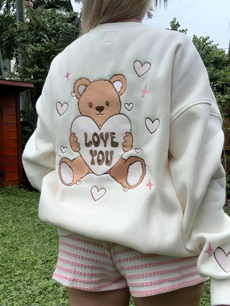 Ivory Teddy Bear Embroider Sweatshirt