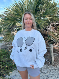 Pearl Grey Pickleball Detailed Embroider Sweatshirt