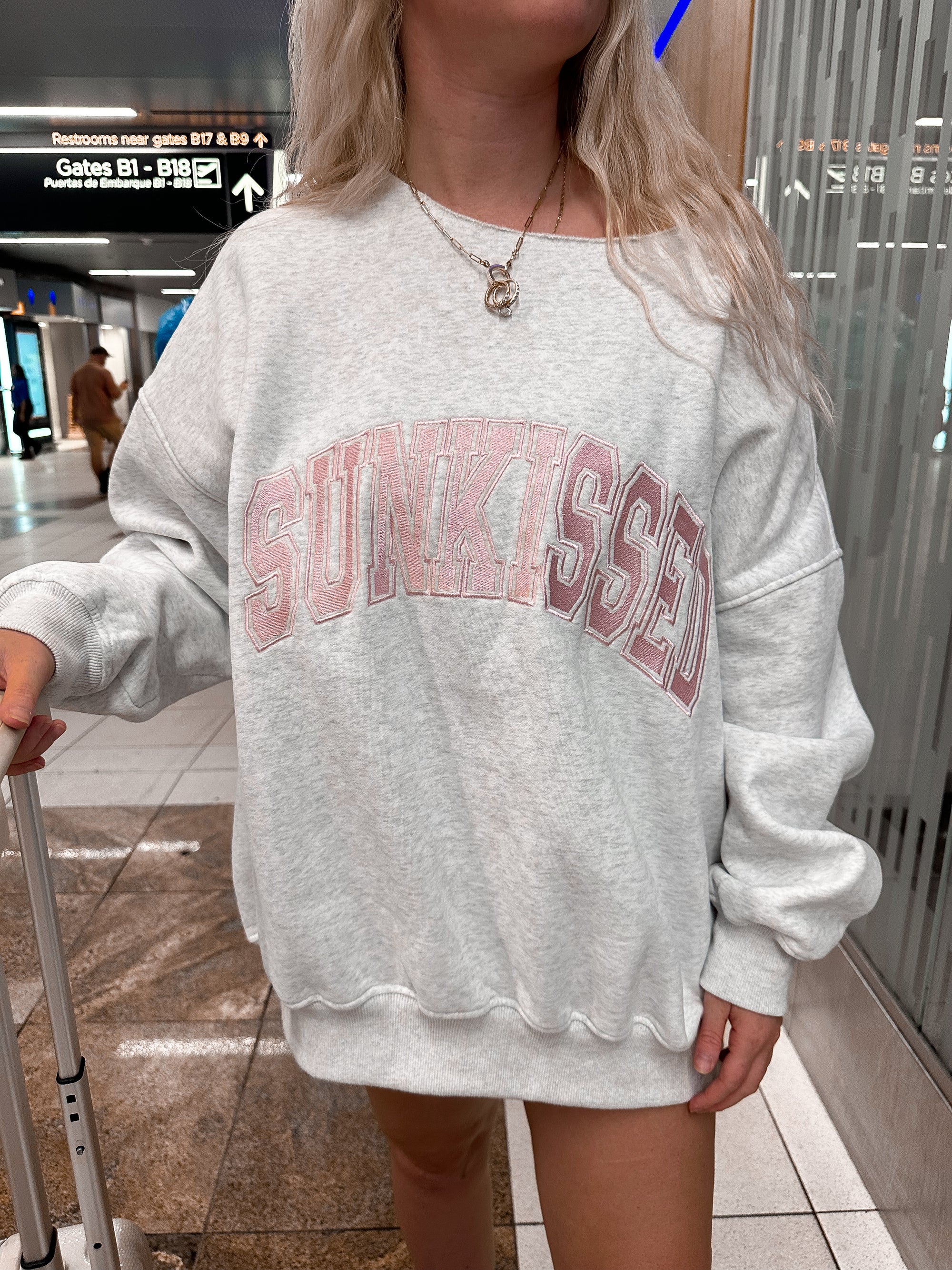 Pearl Grey with Pink Thread Sunkissed Varsity Embroider Sweatshirt