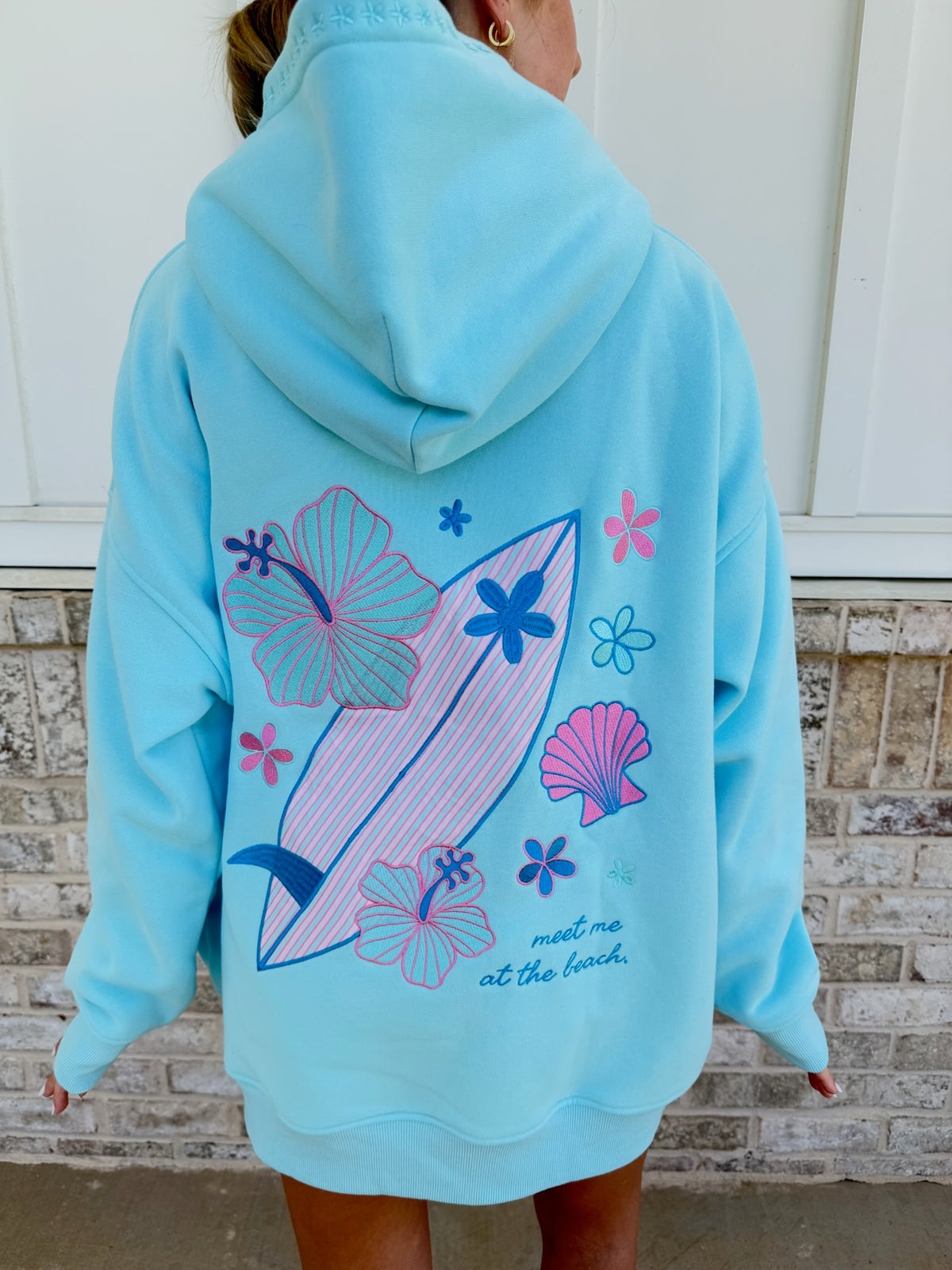 Lagoon Aqua Surfboard Hibiscus Embroidered Hoodie