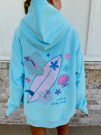 Lagoon Aqua Surfboard Hibiscus Embroidered Hoodie