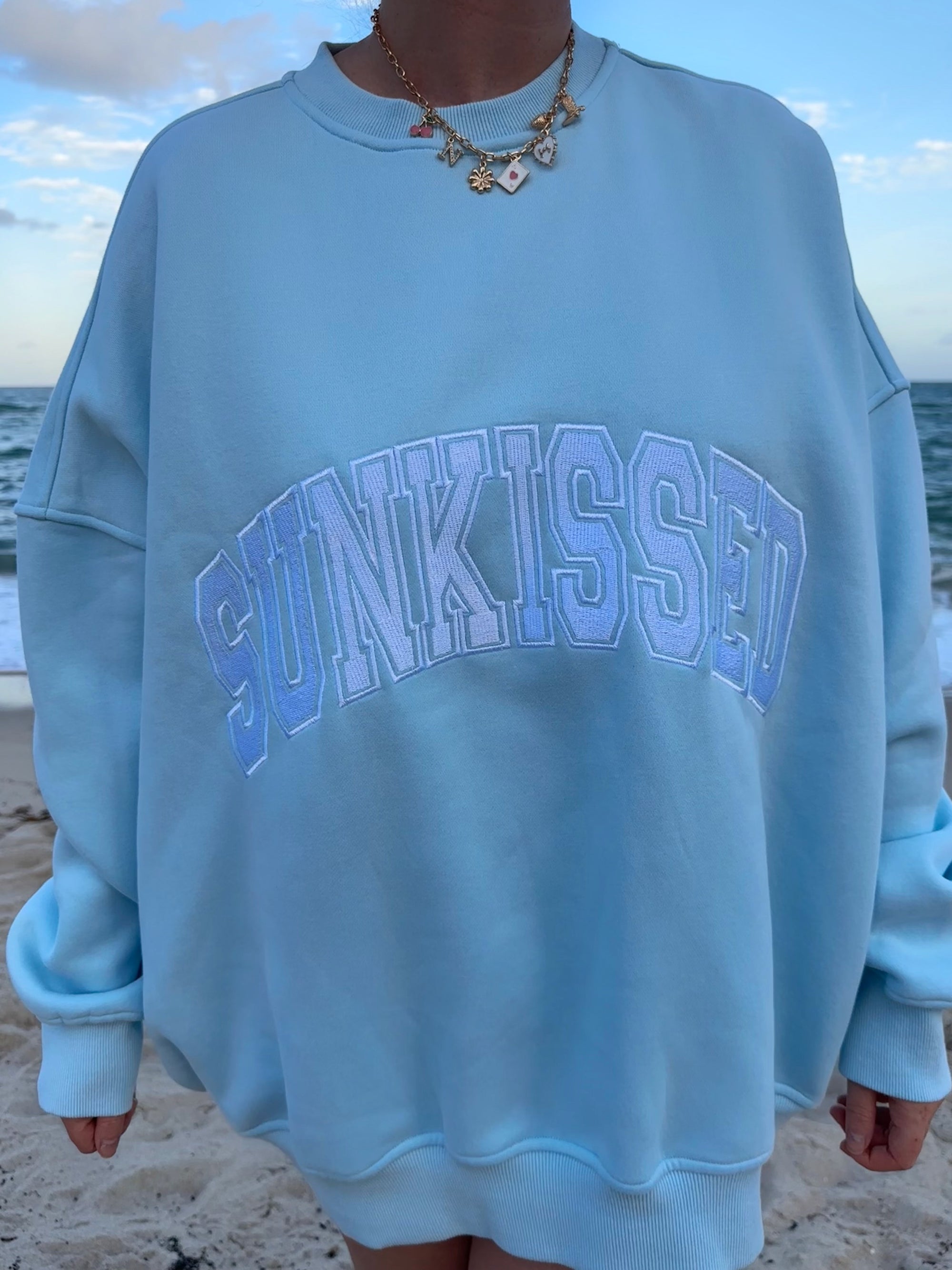 Icy Blue Sunkissed Varsity Embroider Sweatshirt