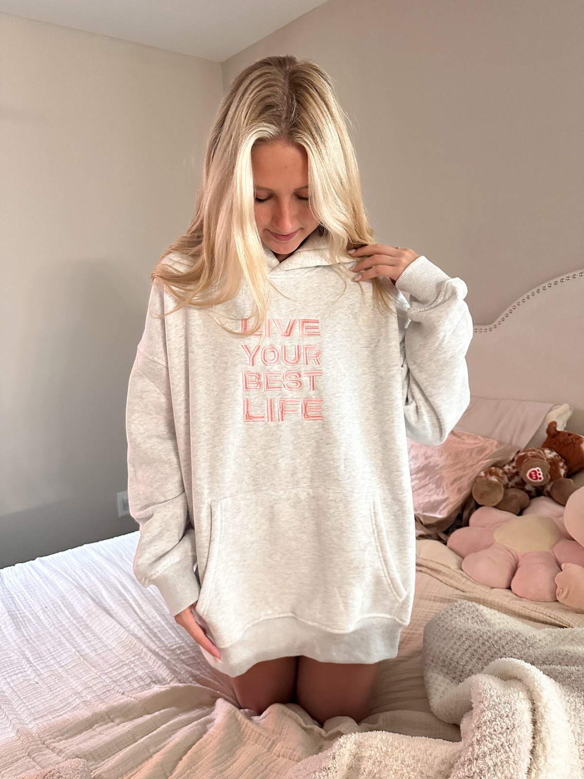 Pearl Grey Live Your Best Life Embroider Hoodie