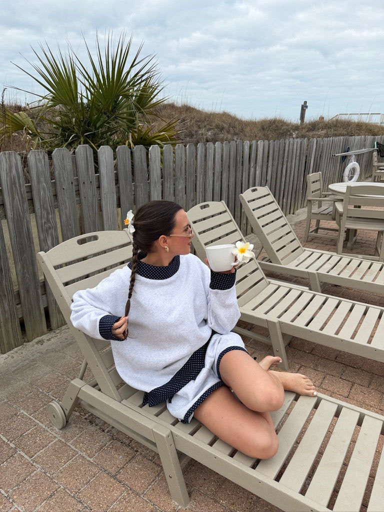 Pearl Grey Navy Blue Polka Dot Mockneck Sweatshirt