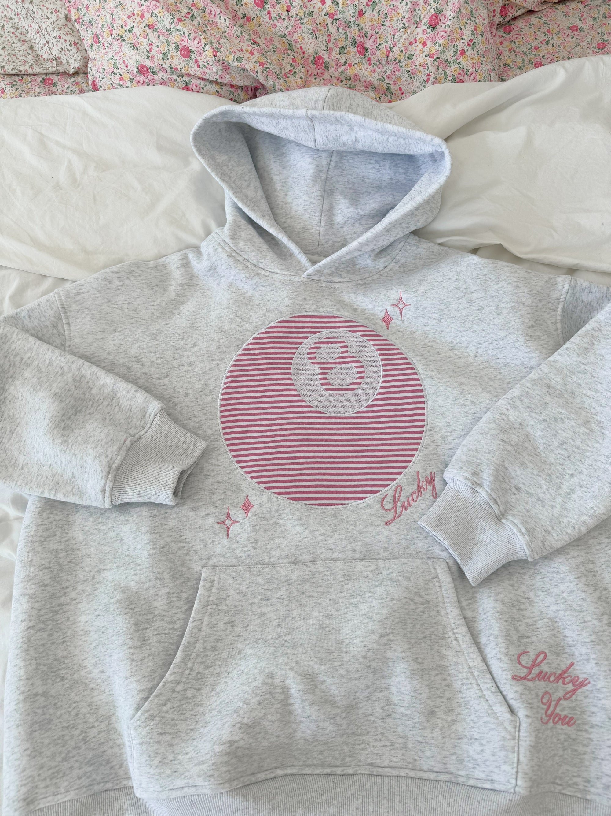 Pearl Grey Lucky You 8 Ball Embroider Hoodie