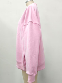 Soft Light Pink V-Neck Embroider Hibiscus Flower Sweatshirt