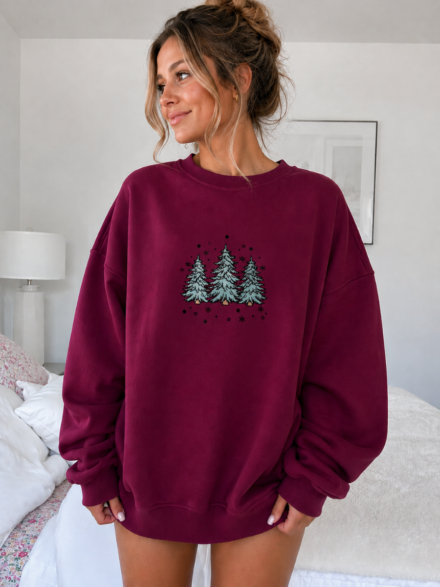 Sparkling Christmas Tree Embroidered Crewneck Sweatshirts