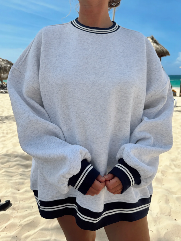 Blank Pearl Grey And Navy Preppy Crew Sweatshirt