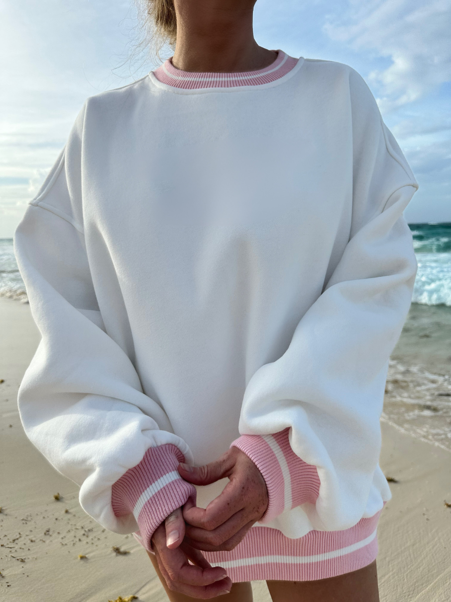 Blank White And Pink Preppy Crew Sweatshirt
