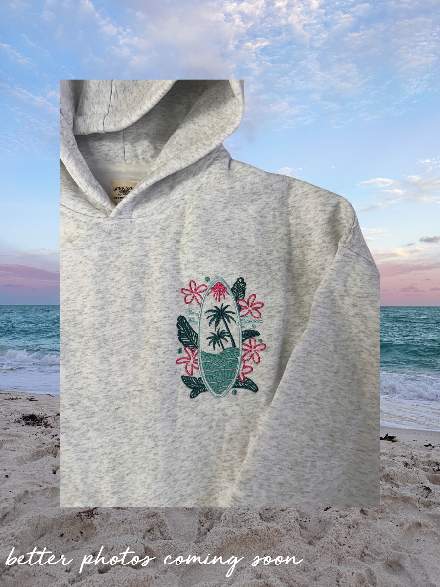 Pearl Grey Surfing The Waves Embroider Hoodie