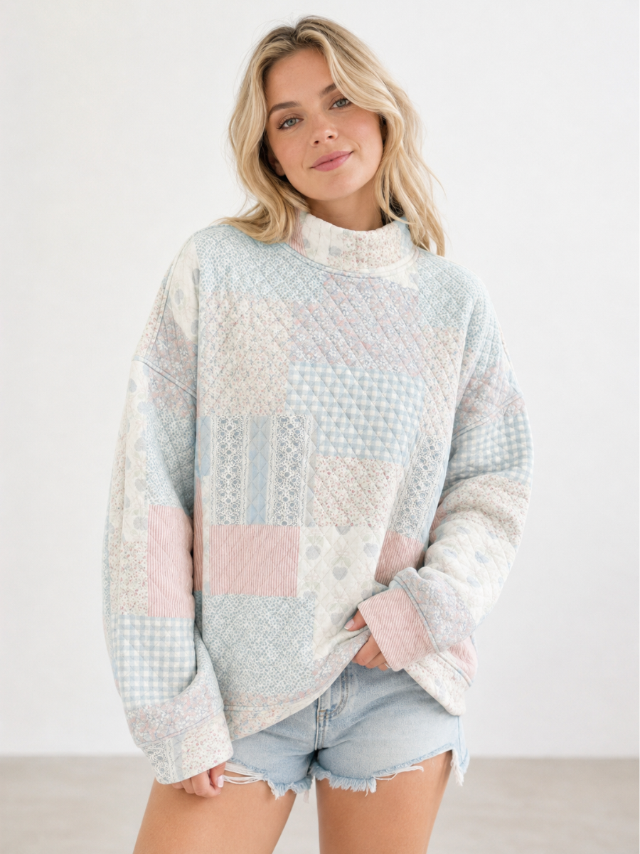 Shades Of Blue Quilted Pastel Mockneck Sweatshirt