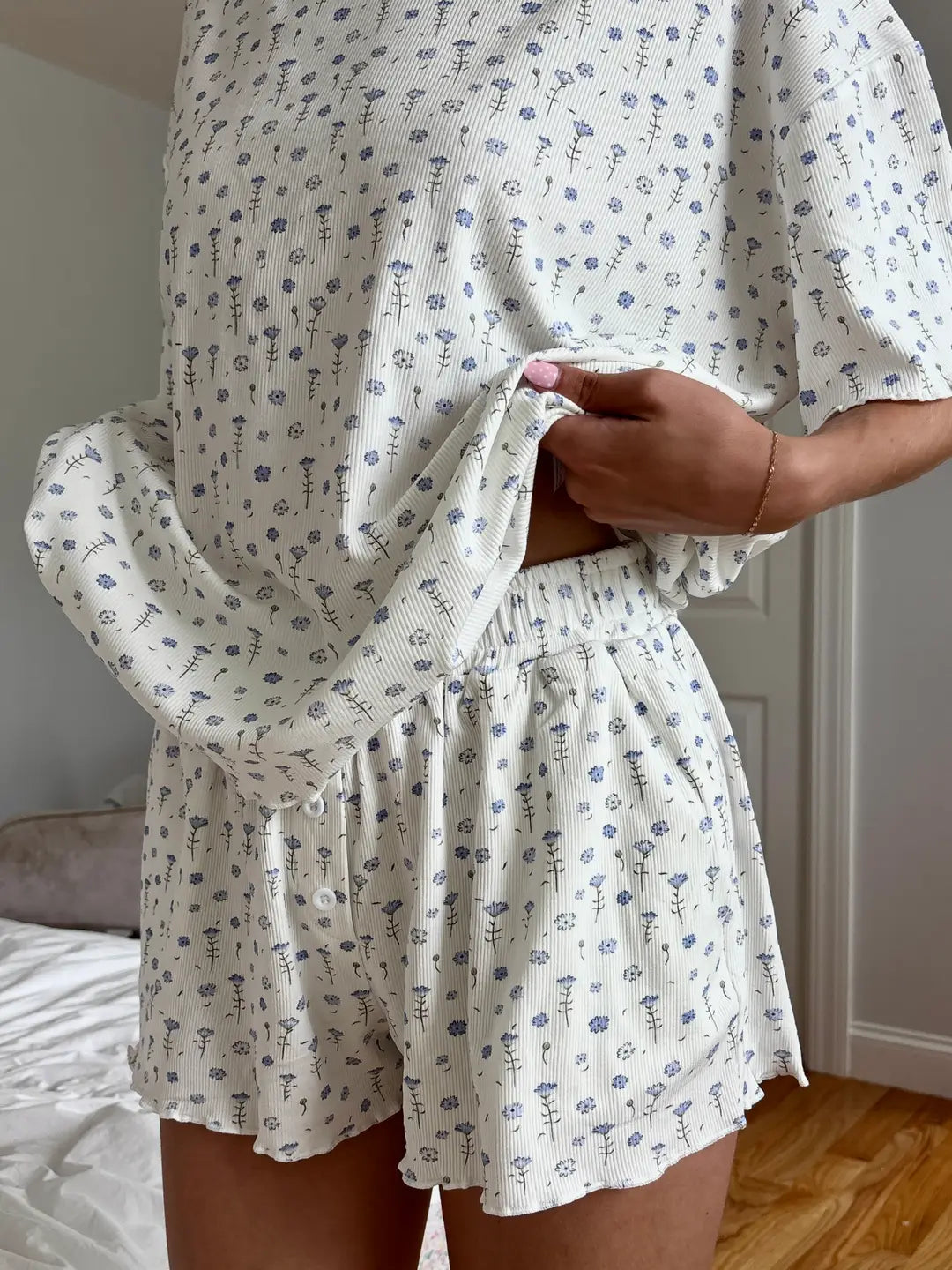 White Ditsy Blue Floral Pajama Shorts