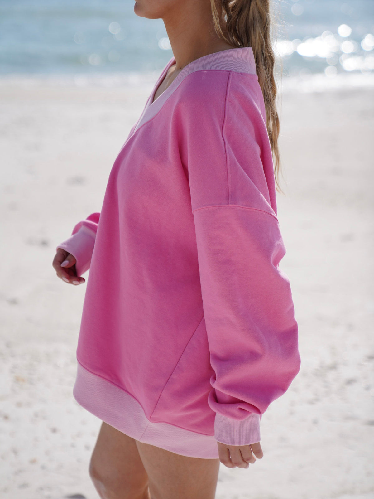 Pink And Light Pink Embroider Hibiscus Flower V-Neck Sweatshirt