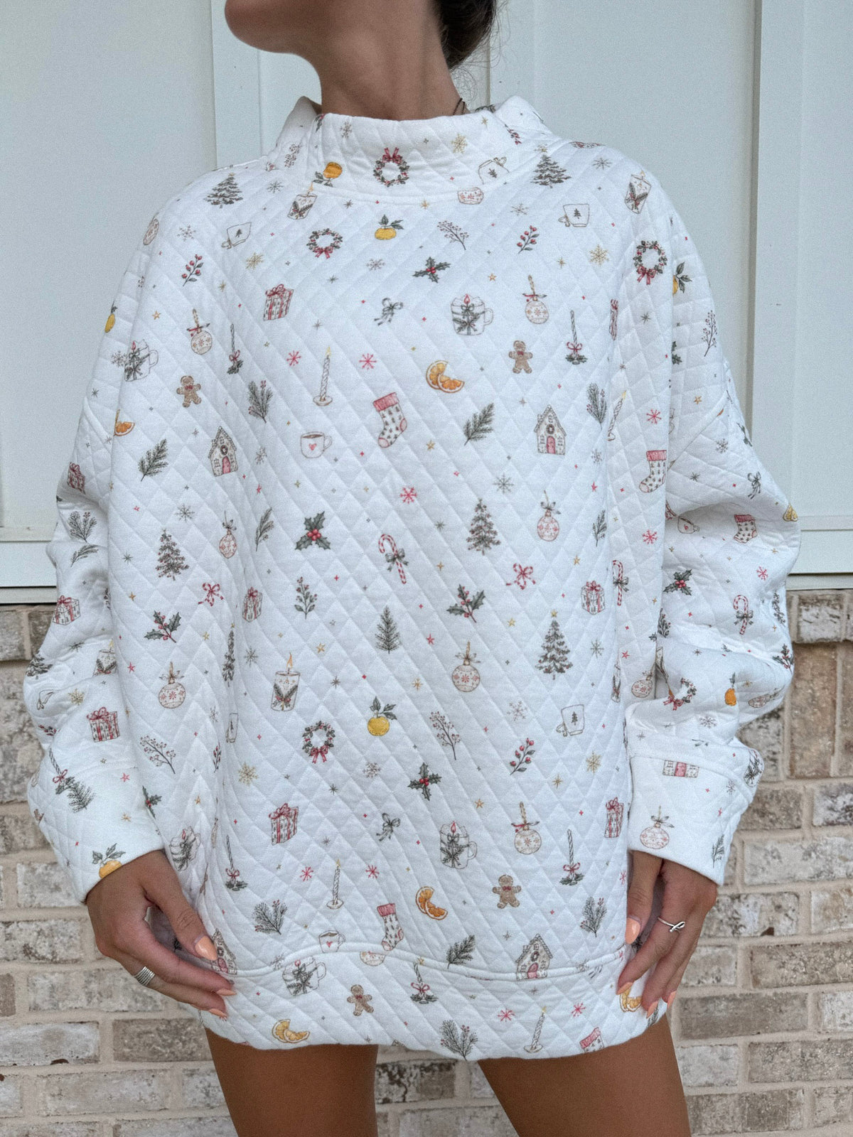 A Cottage Christmas Icons Quilted Mockneck Sweatshirt
