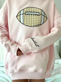 Light Pink Game Day Gingham Football Embroider Hoodie