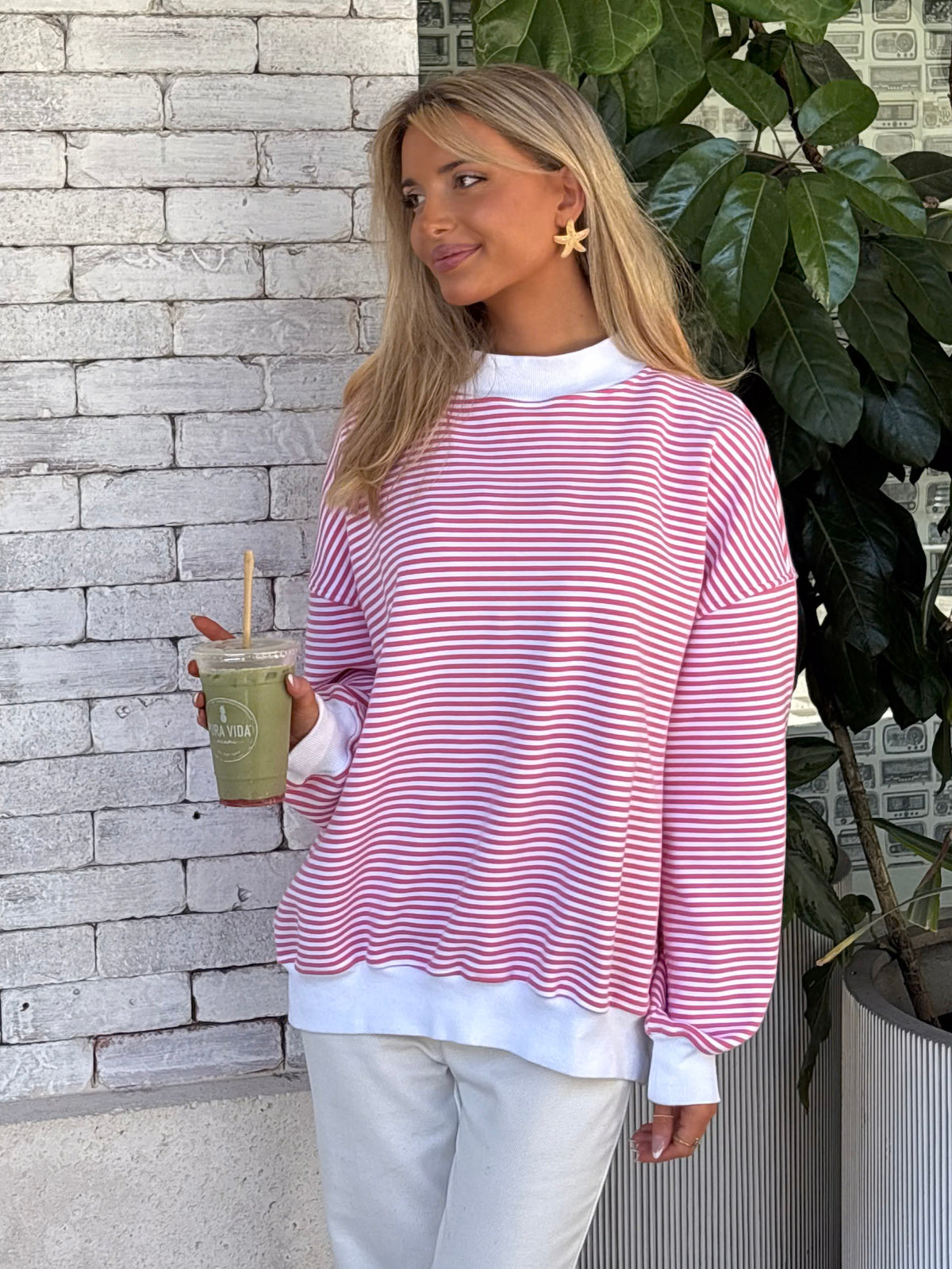 Dark Pink and White Big Striped Mockneck Sweatshirt