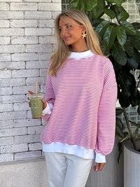 Dark Pink and White Big Striped Mockneck Sweatshirt