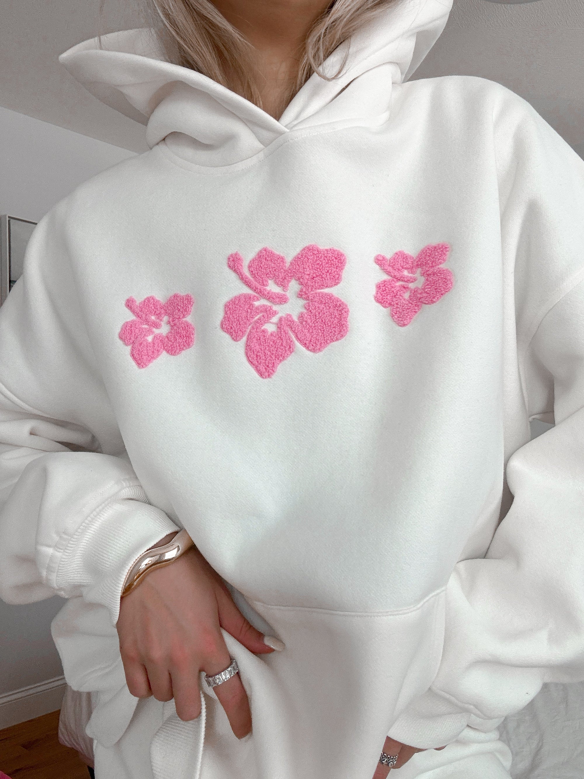 Ivory Hibiscus Flower Hoodie