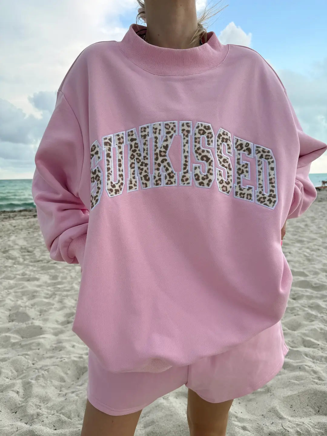 Bubblegum Pink Cheetah Print Varsity Sunkissed Embroidered Mockneck Sweatshirt 100% Cotton