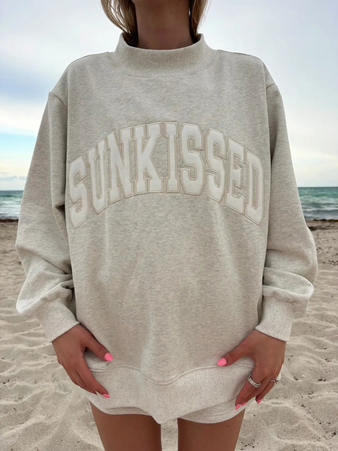 Sunkissed Collegiate Embroider Oversized Mockneck Sweatshirt 100% Cotton