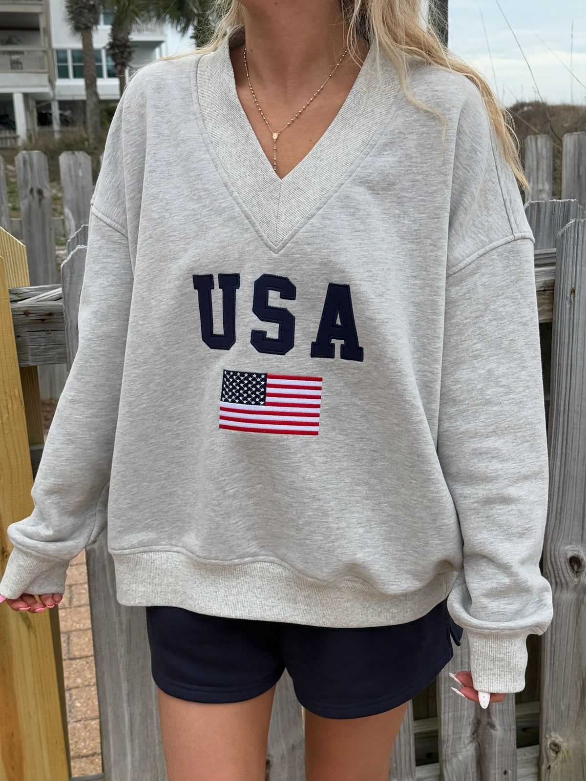 Afternoon Grey USA Flag Embroider V-Neck Sweatshirt