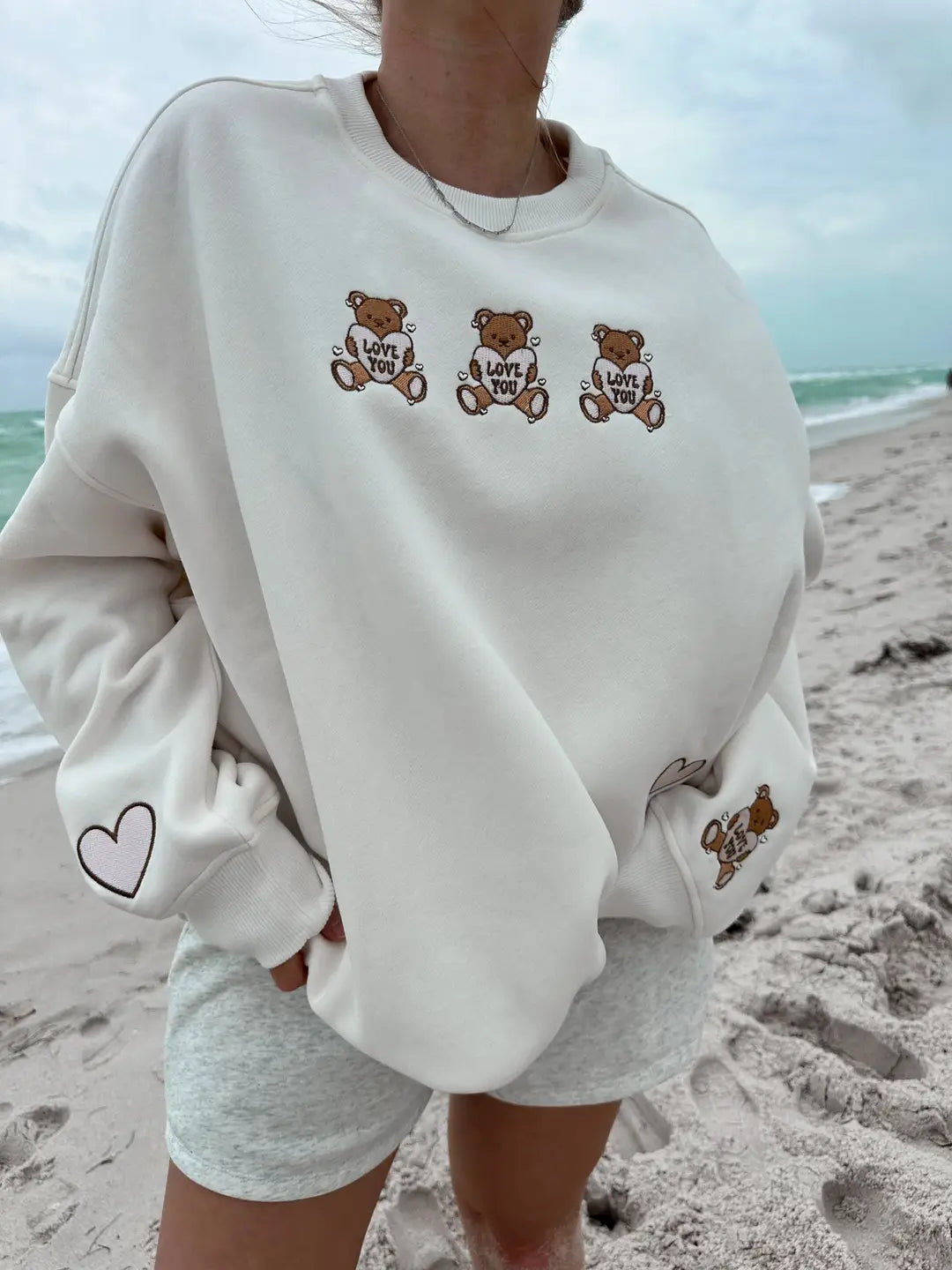Ivory Teddy Bear Embroider Sweatshirt