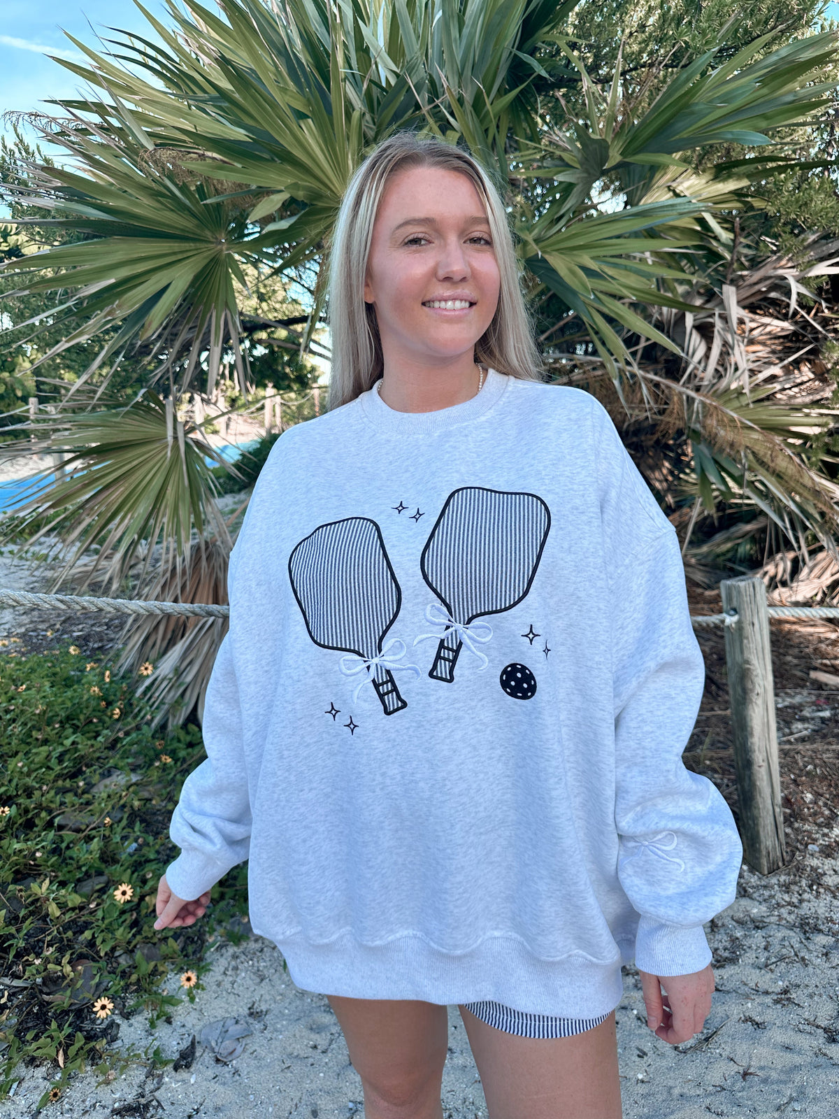 Pearl Grey Pickleball Detailed Embroider Sweatshirt