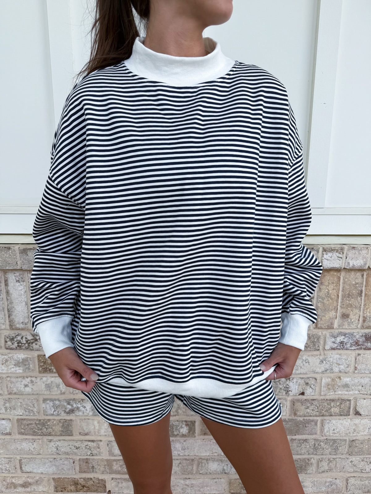 Dark Navy Blue and White Big Striped Mockneck Sweatshirt