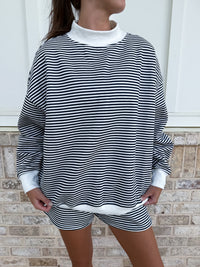 Dark Navy Blue and White Big Striped Mockneck Sweatshirt