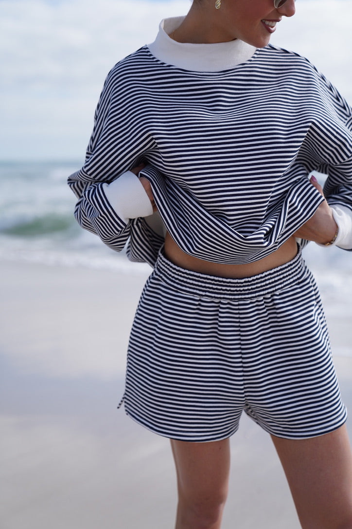 Dark Navy Blue and White Big Striped Shorts