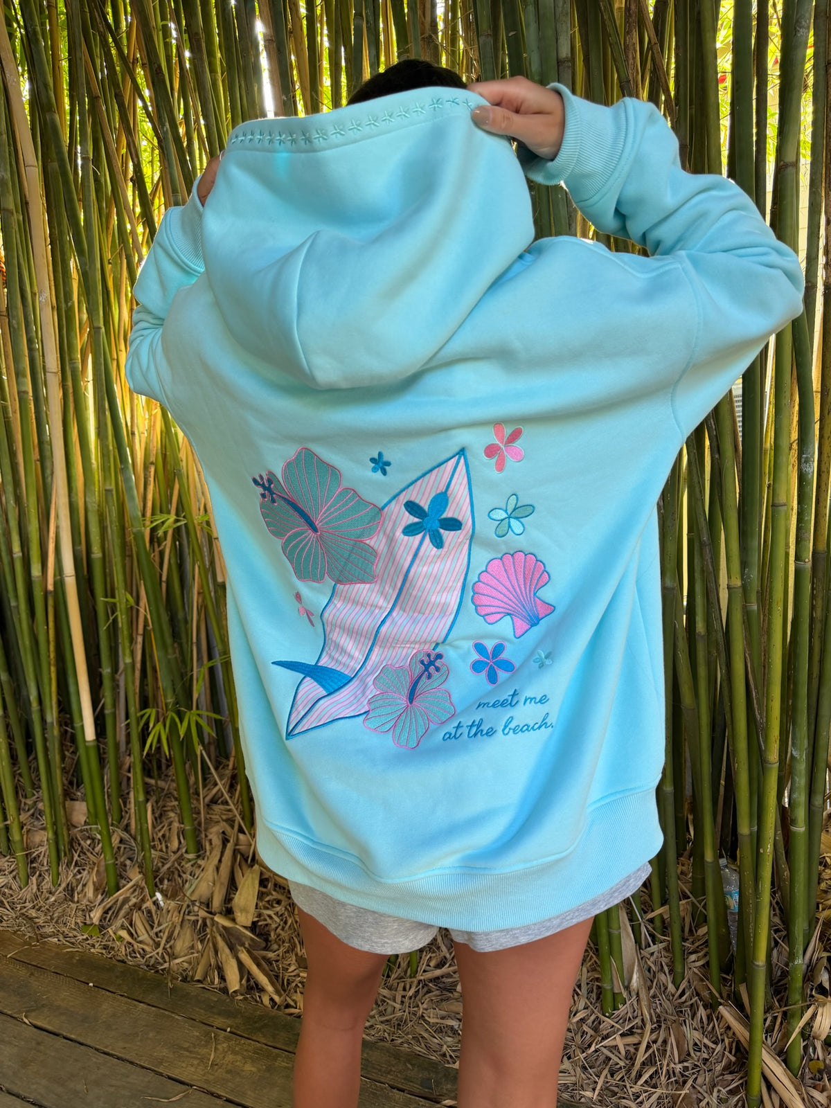 Lagoon Aqua Surfboard Hibiscus Embroidered Hoodie