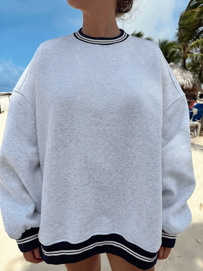 Blank Pearl Grey And Navy Preppy Crew Sweatshirt
