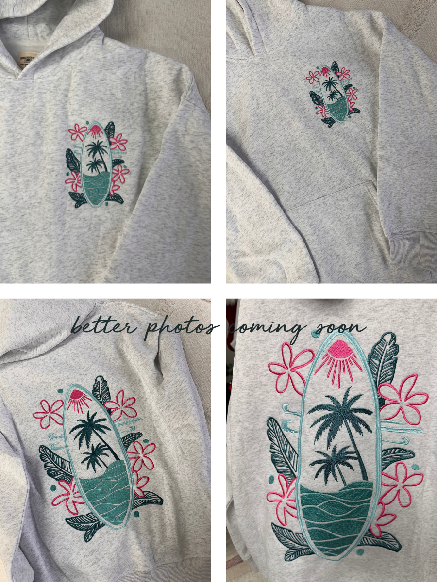 Pearl Grey Surfing The Waves Embroider Hoodie