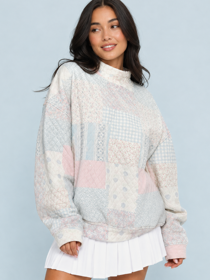 Shades Of Blue Quilted Pastel Mockneck Sweatshirt