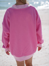 Pink And Light Pink Embroider Hibiscus Flower V-Neck Sweatshirt