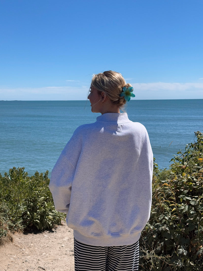 Pearl Grey Mockneck Sunkissed Varsity Embroider Sweatshirt