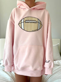 Light Pink Game Day Gingham Football Embroider Hoodie