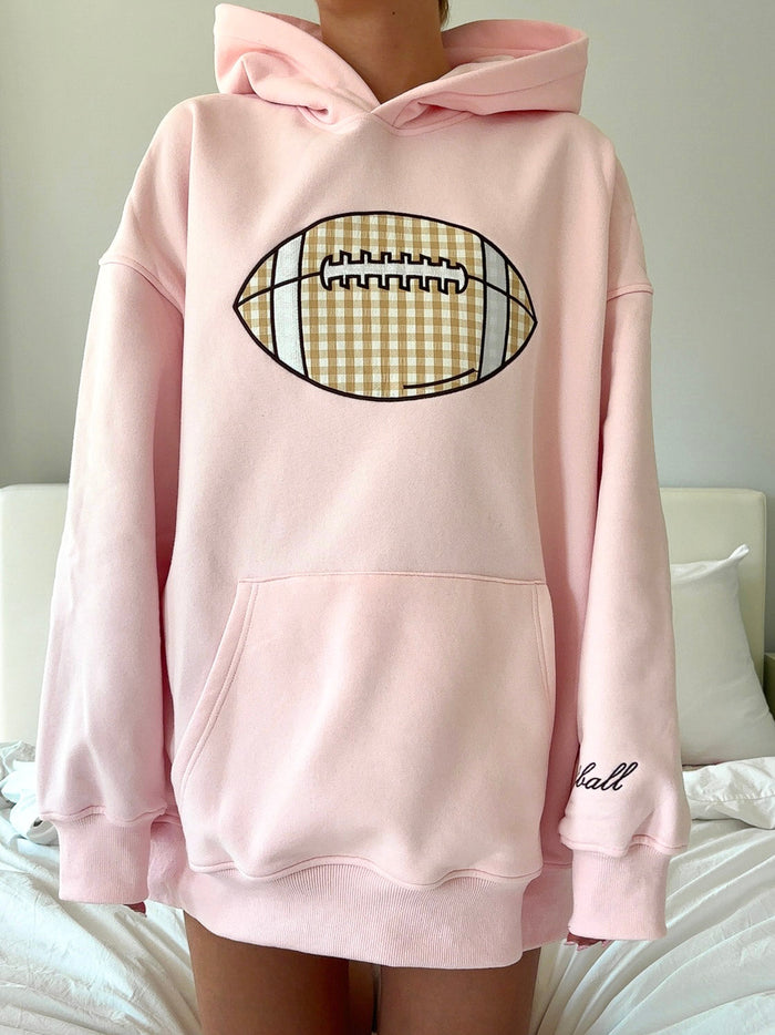 Light Pink Game Day Gingham Football Embroider Hoodie