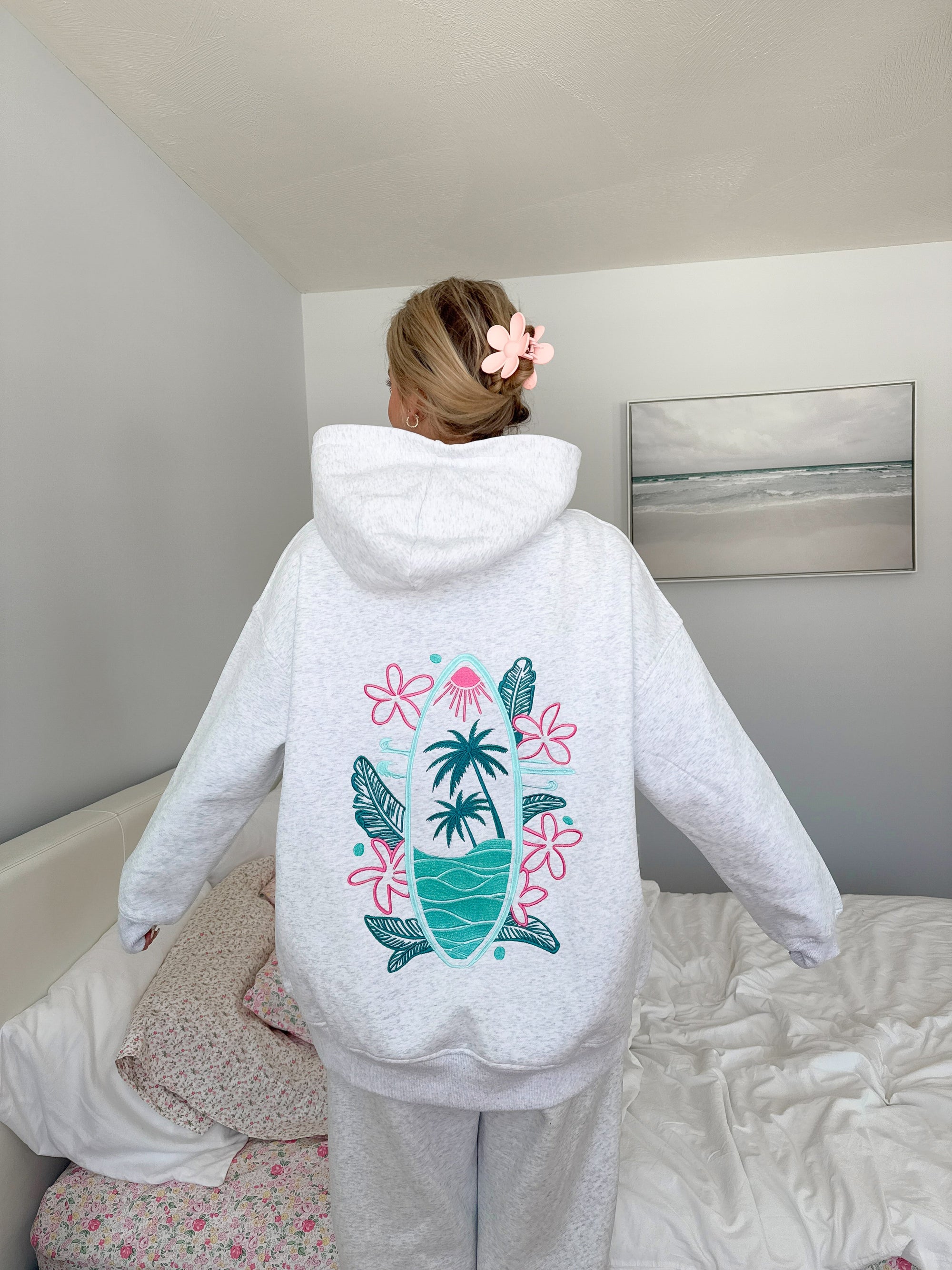 Pearl Grey Surfing The Waves Embroider Hoodie